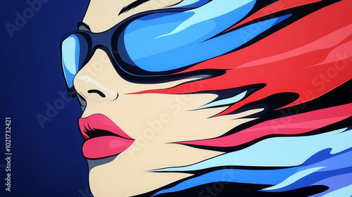 A woman's face is partially obscured by abstract shapes of red, blue, and black.