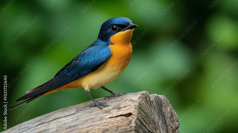 A small blue and orange bird with a long tail perched on a weathered log in a lush green forest. A small blue and orange bird with a long tail perched on a weathered log in a lush green forest.
