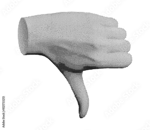 Thumb down gesture, dislike finger, disapproving feedback, hand sign. Halftone style vector isolated on white background.