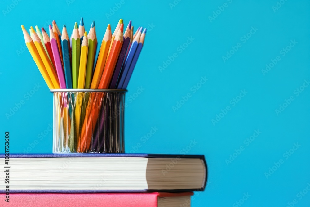 Vibrant Colored Pencils in Holder on Books Vibrant Colored Pencils in Holder on Books