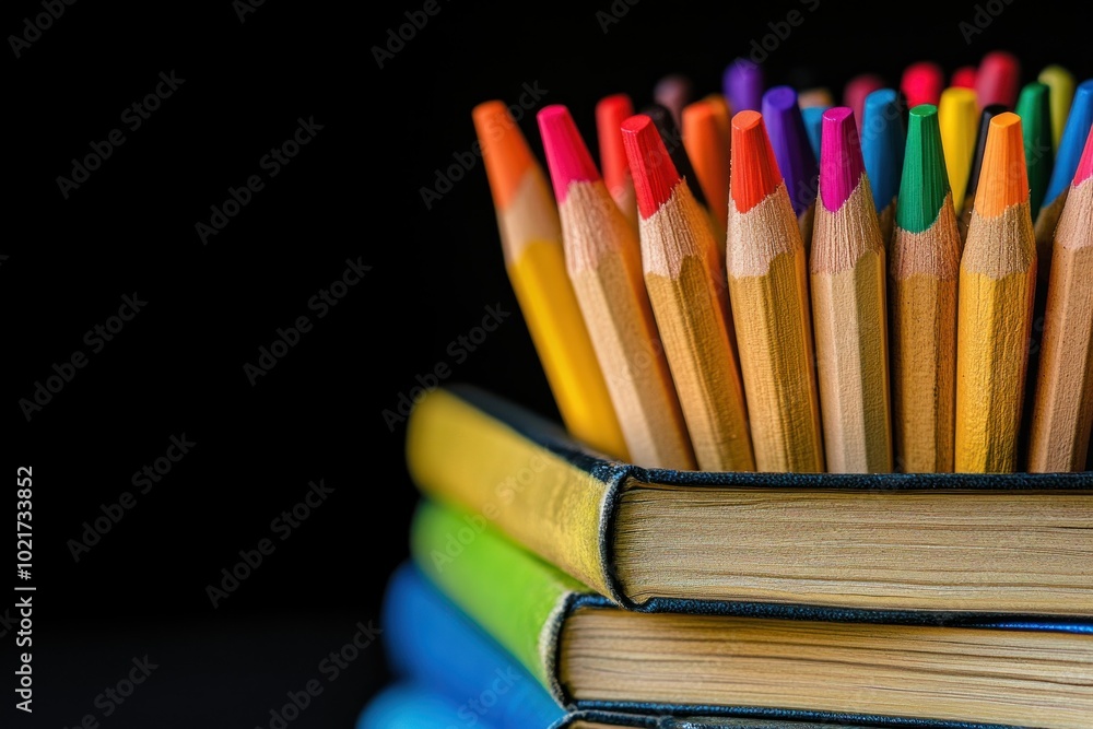 Vibrant Colored Pencils in Holder on Dark Background Vibrant Colored Pencils in Holder on Dark Background
