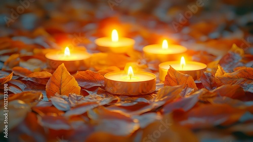 Warm Candles Among Colorful Autumn Leaves