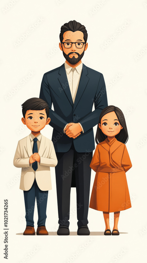 A man in a suit stands with his children, a boy and a girl, against a white background. A man in a suit stands with his children, a boy and a girl, against a white background.