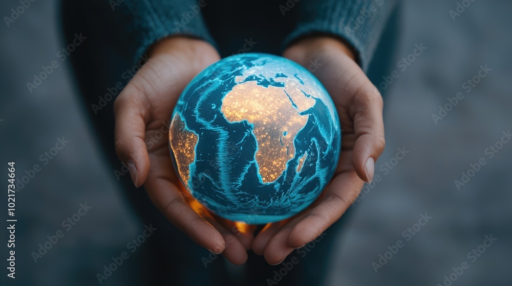 A person holds a glowing globe that highlights Africa, symbolizing global awareness and environmental responsibility. A person holds a glowing globe that highlights Africa, symbolizing global awareness and environmental responsibility.