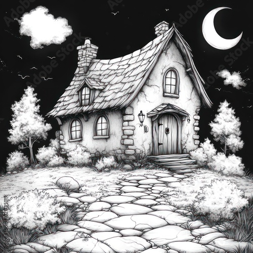 A charming cottage with a stone path leading to the front door, under a crescent moon and a cloudy sky. photo