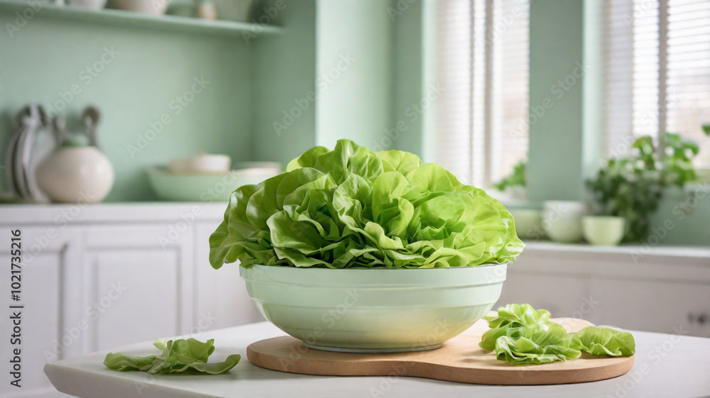 Freshly harvested green butterhead lettuce in the kitchen Freshly harvested green butterhead lettuce in the kitchen