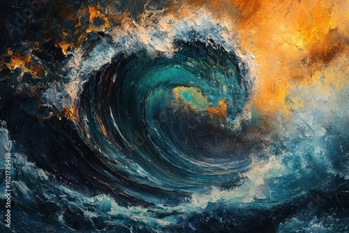 An abstract painting of a crashing ocean wave in blue, green and orange hues.