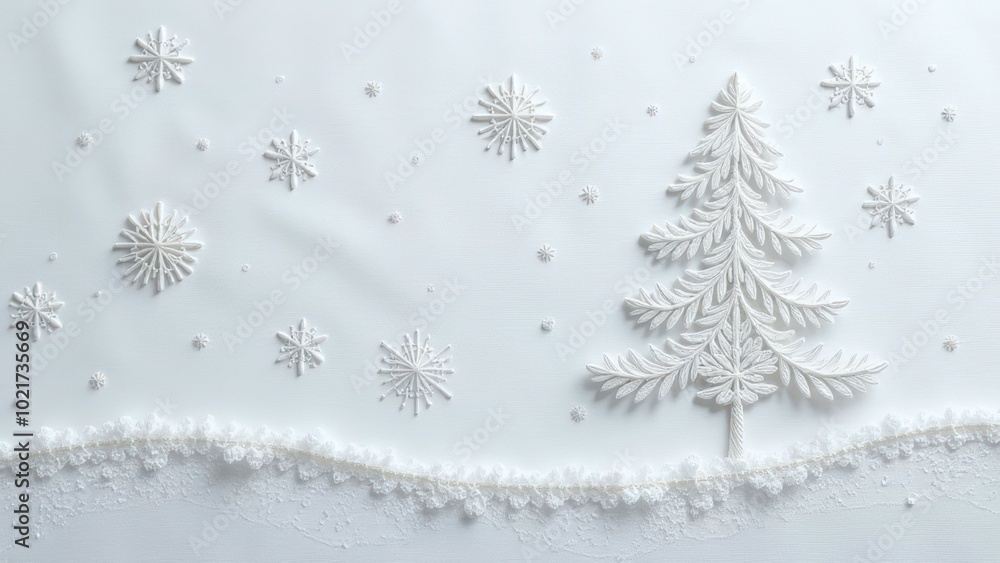 winter scene image, Christmas tree in snow and snowfall, monochrome white handmade with threads on tissue. white christmas, embroided winter, Christmas needlework, handmade Christmas concept. winter scene image, Christmas tree in snow and snowfall, monochrome white handmade with threads on tissue. white christmas, embroided winter, Christmas needlework, handmade Christmas concept.