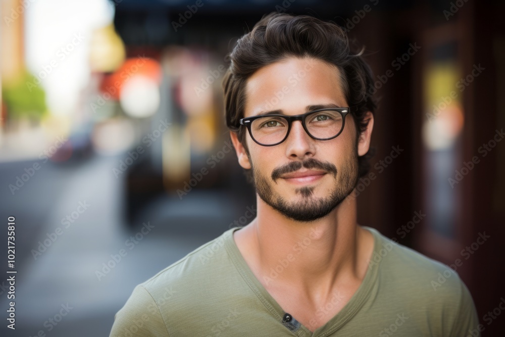 Portrait of handsome man with eyeglasses looking at camera in city Portrait of handsome man with eyeglasses looking at camera in city
