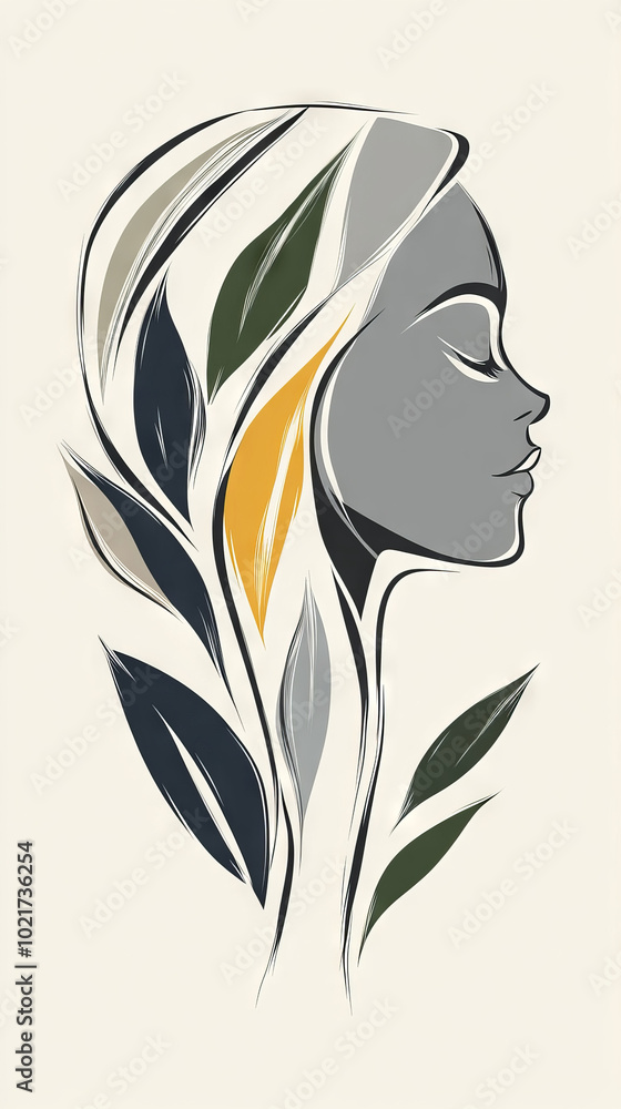 Profile illustration of a woman with colorful leaves in her hair. Profile illustration of a woman with colorful leaves in her hair.