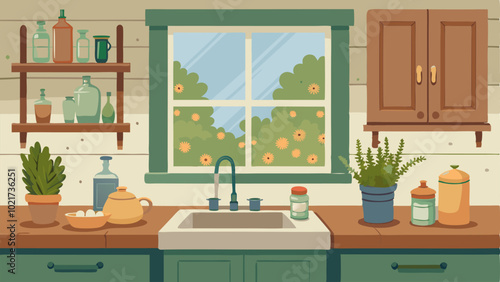 The kitchen is filled with worn wooden cabinets and a farmhouse sink accented by vintage kitchen gadgets and jars of fresh herbs on the windowsill.