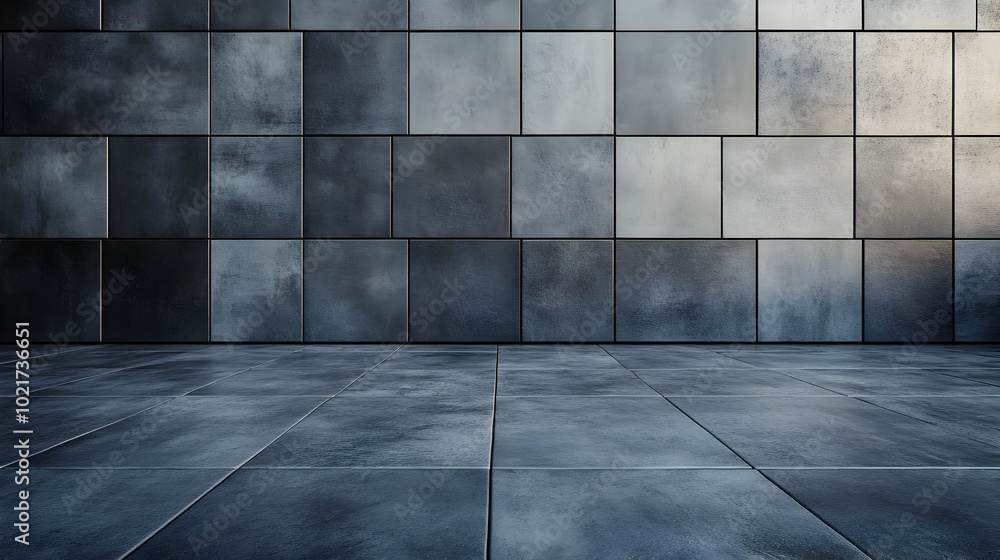 Dark Tile Floor with Gray Tile Wall - 3D Illustration Dark Tile Floor with Gray Tile Wall - 3D Illustration