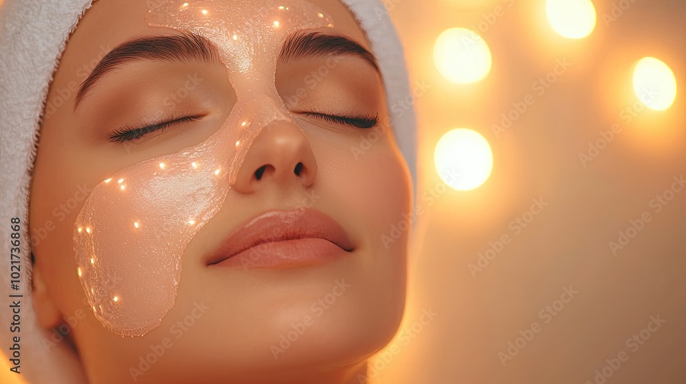 A serene woman enjoys a facial treatment with sparkling mask, illuminated by soft, warm lights in the background. A serene woman enjoys a facial treatment with sparkling mask, illuminated by soft, warm lights in the background.