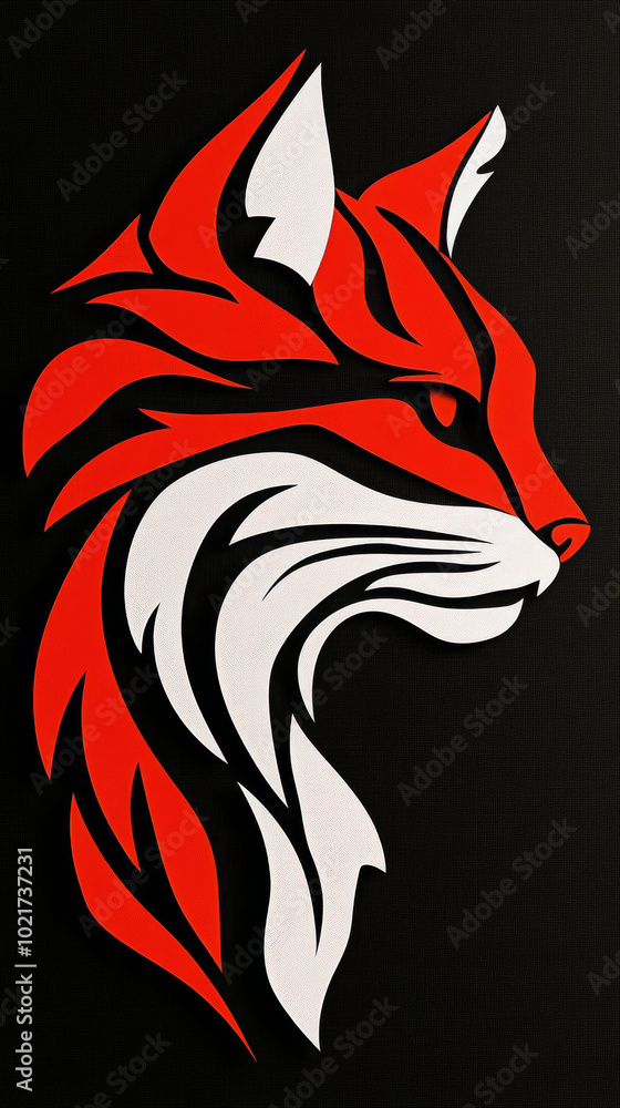 Red and white paper cut-out of a cat's head against a black background. Red and white paper cut-out of a cat's head against a black background.