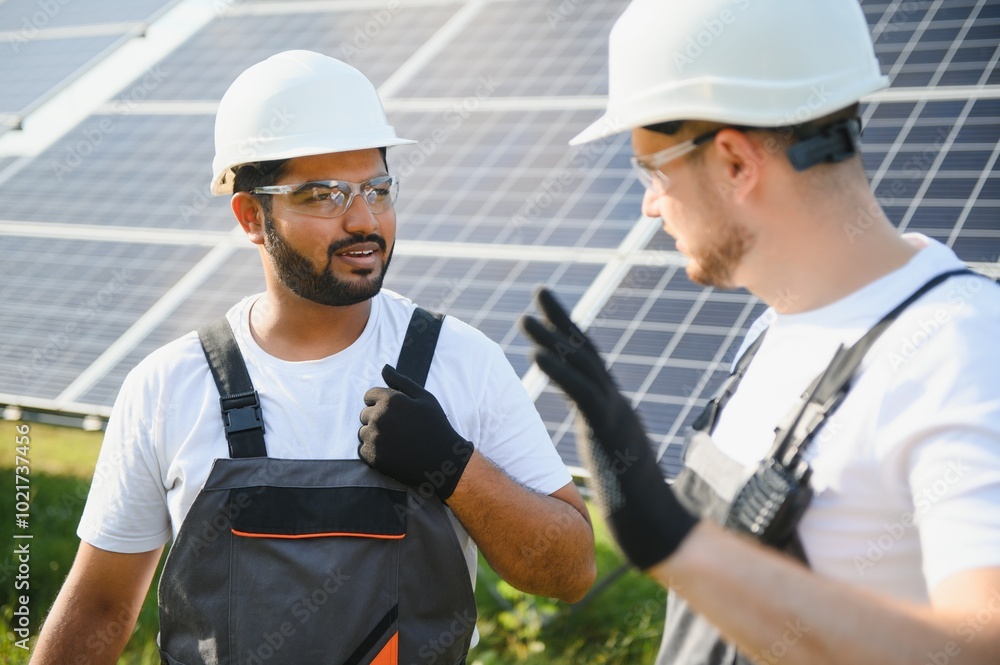 Engineer worker working in solar panels power farm. Two technician working at solar power station Engineer worker working in solar panels power farm. Two technician working at solar power station