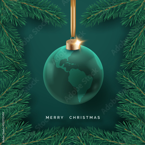 Christmas globe ornament with a world map framed by pine branches. Global holiday spirit