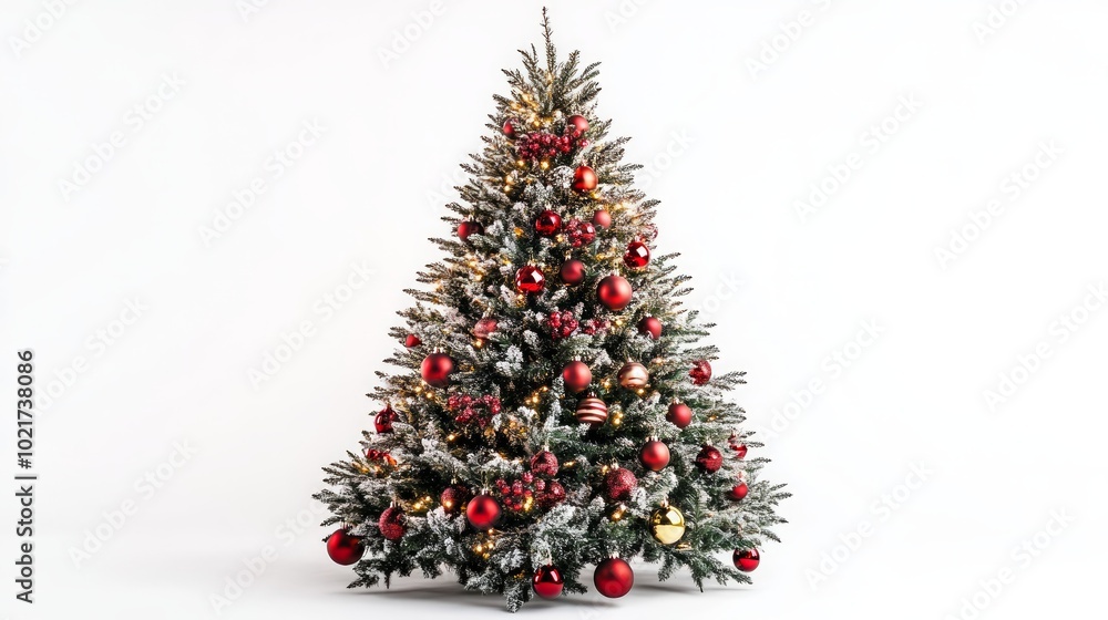 A snow-frosted Christmas tree with red ornaments and lights on a white background. A snow-frosted Christmas tree with red ornaments and lights on a white background.