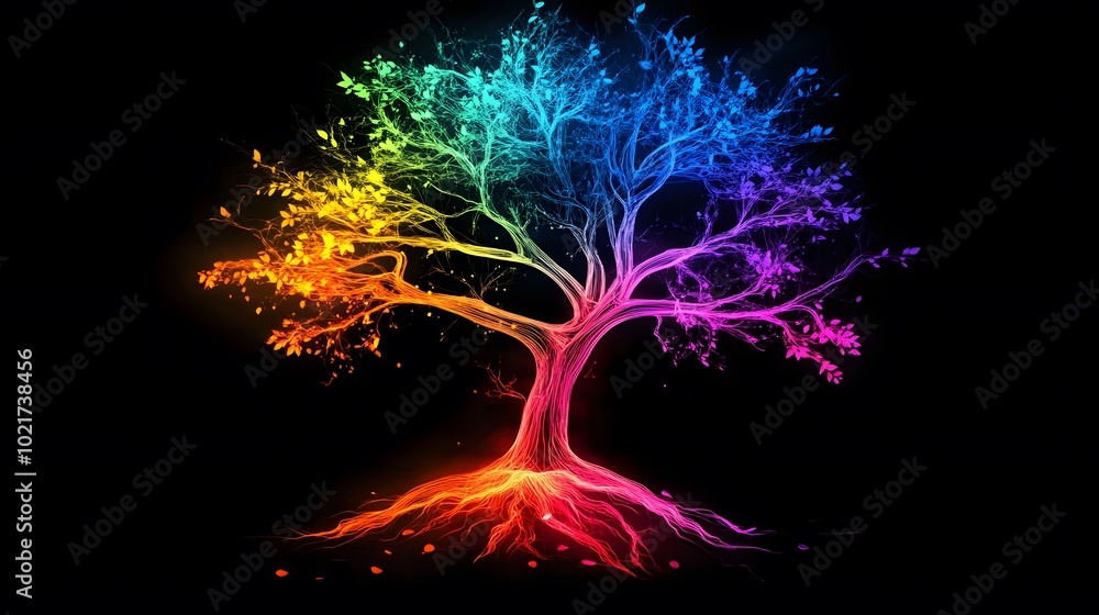 Fototapeta premium Neon Art, Tree, Sunset, Nature, Abstract Image, Texture, Pattern Background, Wallpaper, Smartphone Cover and Screen, PC, Laptop, 9:16 and 16:9 Format