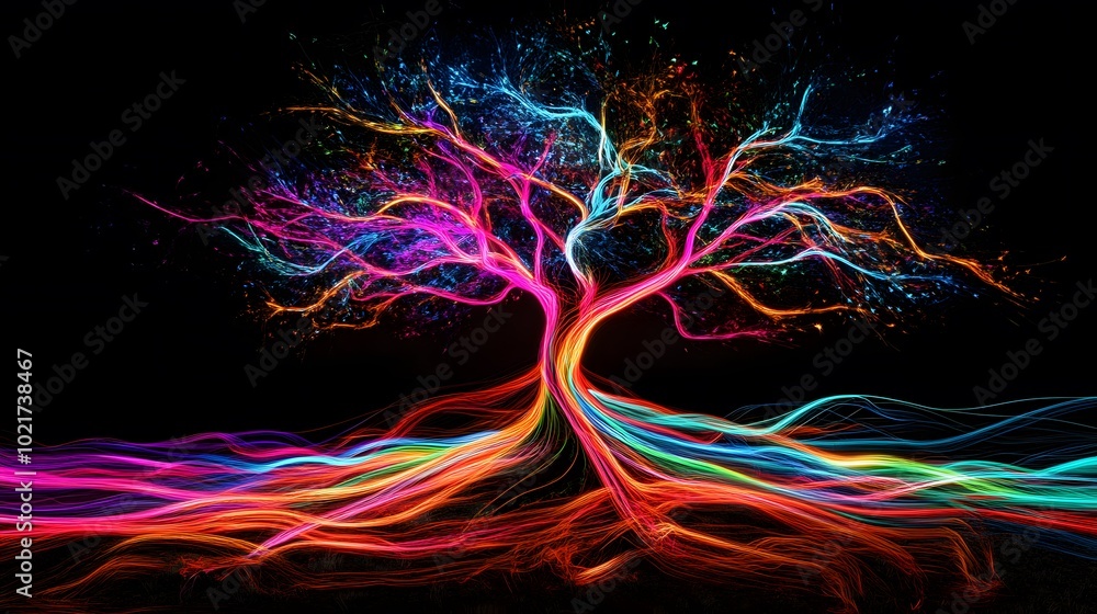 Fototapeta premium Neon Art, Tree, Sunset, Nature, Abstract Image, Texture, Pattern Background, Wallpaper, Smartphone Cover and Screen, PC, Laptop, 9:16 and 16:9 Format