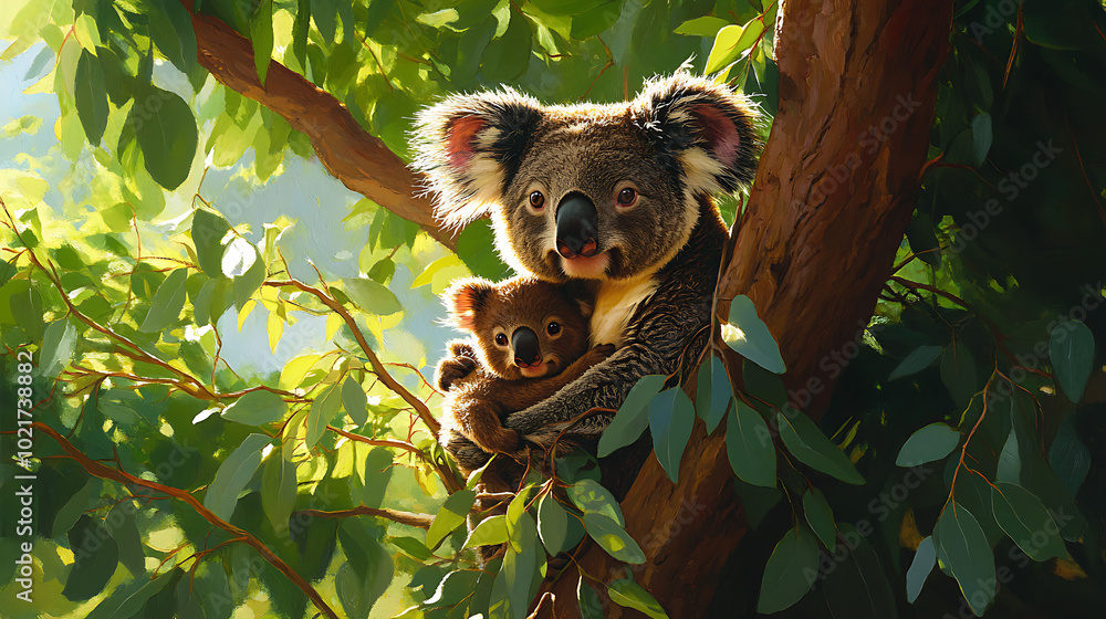 Obraz premium Koala mother and baby in a tree, surrounded by lush green leaves.