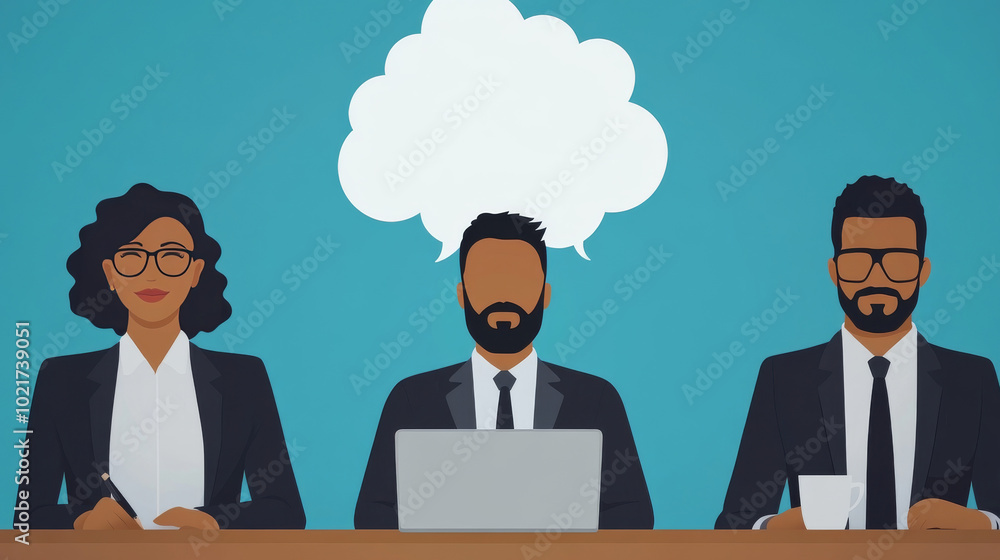 Three business professionals, one woman and two men, sit at a table, the middle one is in deep thought. Three business professionals, one woman and two men, sit at a table, the middle one is in deep thought.