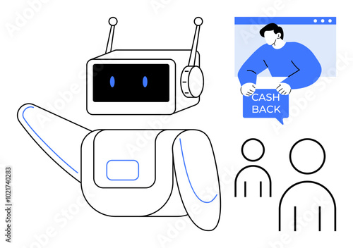 Friendly robot pointing towards a person advertising cash back offers accompanied by two simple human avatars. Ideal for technology, finance, customer engagement, advertising, and automation
