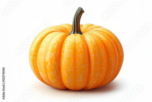 Bright orange pumpkin with a glossy texture and a slightly curved dark green stem, placed on a plain white background. 