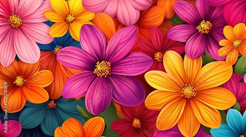 A vibrant array of colorful flowers, showcasing shades of pink, orange, purple, and yellow, creating a lively and cheerful floral scene.