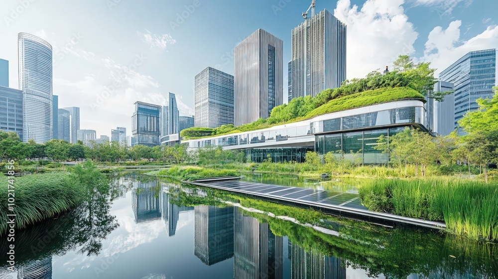 A cityscape showcasing eco-friendly office complexes with green roofs and solar energy, reflecting sustainable urban growth A cityscape showcasing eco-friendly office complexes with green roofs and solar energy, reflecting sustainable urban growth