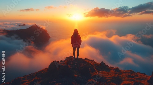 A lone woman stands on a mountain peak, silhouetted against a vibrant sunset, with clouds rolling in below.