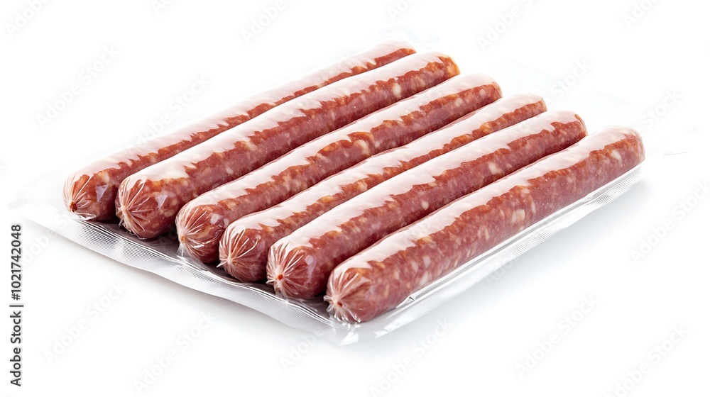 Raw sausages in a plastic package on white background Raw sausages in a plastic package on white background