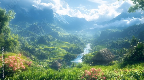 A scenic view of a valley with mountains, a river, and lush greenery.