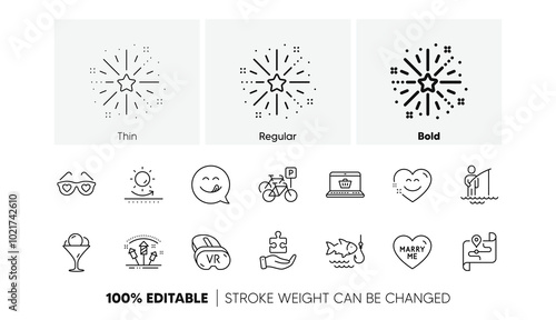 Online shopping, Sun protection and Fishing line icons. Pack of Marry me, Ice cream, Puzzle icon. Vr, Yummy smile, Fireworks rocket pictogram. Fireworks explosion, Smile chat, Bicycle parking. Vector