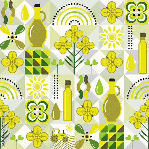 Seamless pattern with icons of rape, rapeseed oil, abstract geometric shapes on mosaic background. For branding, decoration of food packaging, decorative prints for kitchen