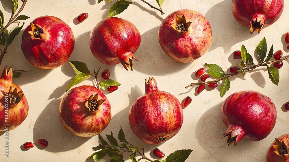 Pomegranates on counter with leafy branch Pomegranates on counter with leafy branch