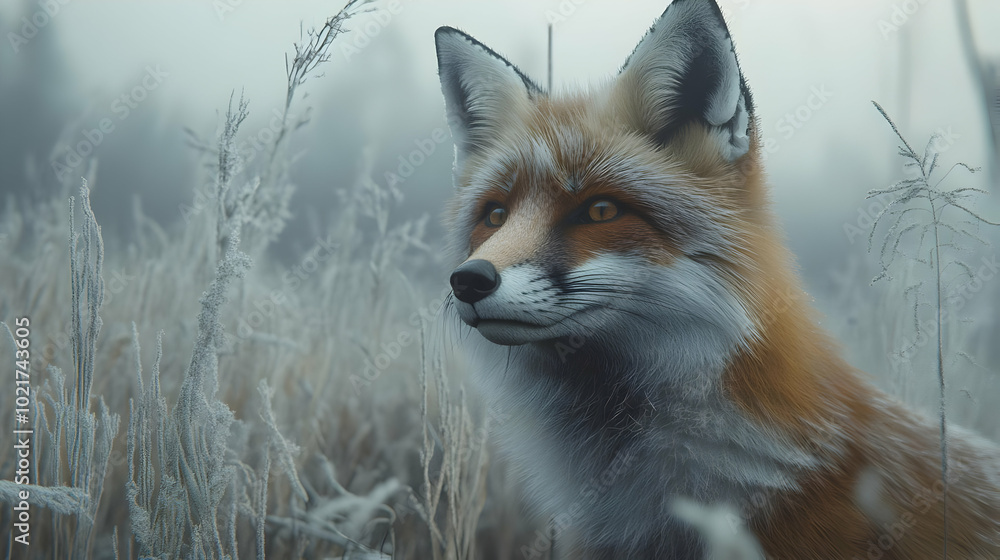 Obraz premium Red Fox in a Frosty Meadow - Digital Illustration