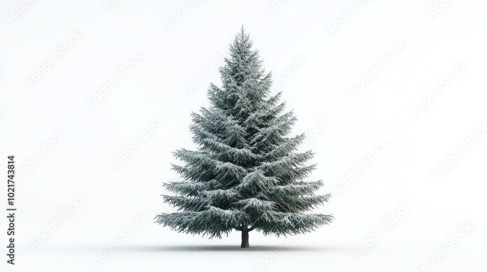 Fototapeta premium A tall, snowy pine tree stands alone against a white background.