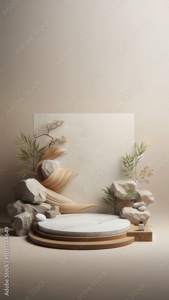 A minimalist zen-inspired setup featuring bamboo, palm plants, and smooth stones on neutral circular platforms, evoking a serene and spa-like atmosphere. A minimalist zen-inspired setup featuring bamboo, palm plants, and smooth stones on neutral circular platforms, evoking a serene and spa-like atmosphere.