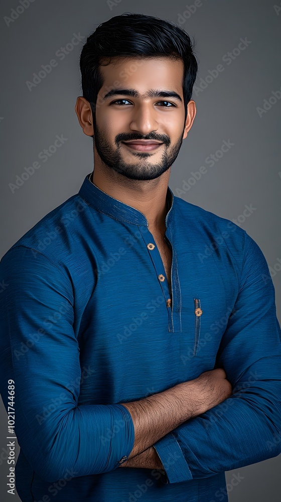 A portrait of an attractive young Indian man with wavy hair, smiling and standing confidently in front of a grey background, wearing a dark blue shirt A portrait of an attractive young Indian man with wavy hair, smiling and standing confidently in front of a grey background, wearing a dark blue shirt