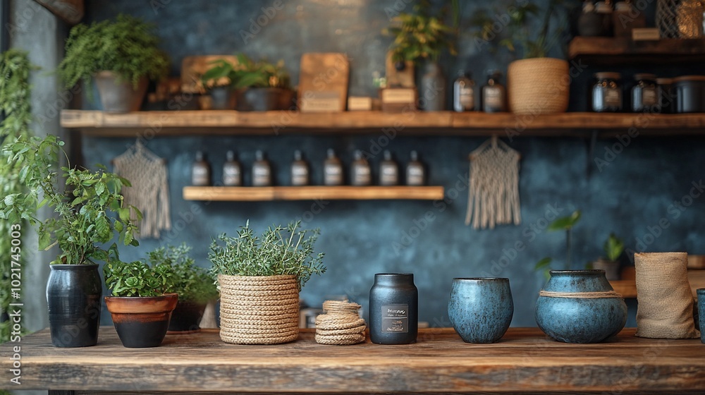 A rustic wooden counter with potted plants and various jars, with a background of a dark blue wall with shelves and greenery.