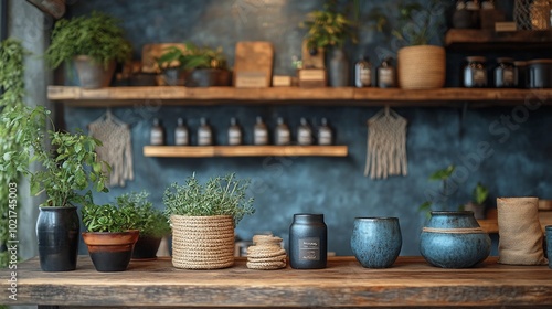 Wallpaper Mural A rustic wooden counter with potted plants and various jars, with a background of a dark blue wall with shelves and greenery. Torontodigital.ca
