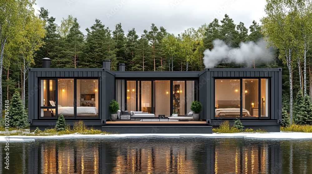 Modern cabin by a lake surrounded by trees. Modern cabin by a lake surrounded by trees.