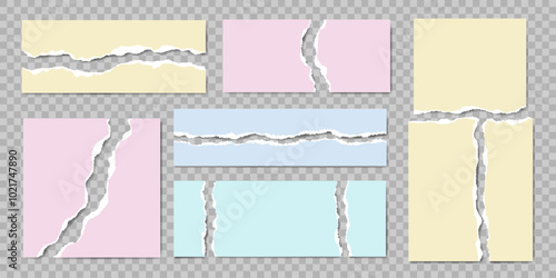 Colored Torn Half pieces Paper set. Ripped Paper sheet with. Empty scrapbook Frame. Abstract Scraps shape. Element for education Notes Banner Collage text box social media Design. Vector illustration