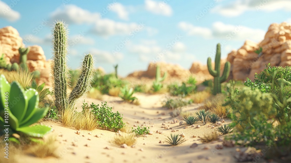 Blue sky with clouds in the background of a desert landscape featuring cacti and various plants among rocky terrain Blue sky with clouds in the background of a desert landscape featuring cacti and various plants among rocky terrain