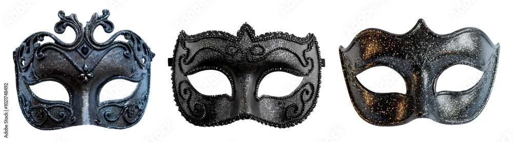 Set of carnival Venetian mask in black color with glitter decoration, isolated on transparent background. PNG element. Set of carnival Venetian mask in black color with glitter decoration, isolated on transparent background. PNG element.