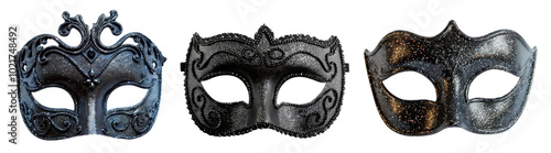 Set of carnival Venetian mask in black color with glitter decoration, isolated on transparent background. PNG element.