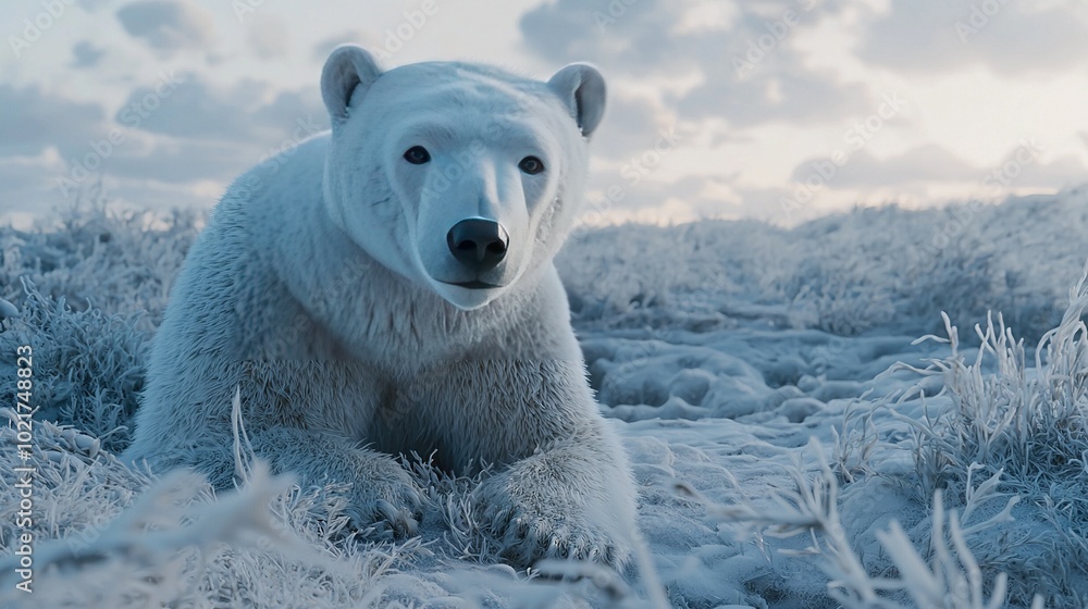 A giant white polar bear is perched atop an expanse of frozen grassland beneath a cloud-shrouded sky A giant white polar bear is perched atop an expanse of frozen grassland beneath a cloud-shrouded sky