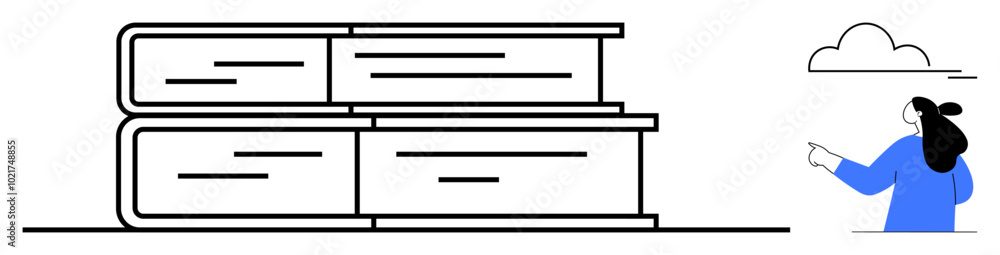 A person pointing at a cloud stands beside a stack of four books. Books are horizontally stacked in pairs. Ideal for education, library concepts, knowledge acquisition, learning, and academic themes A person pointing at a cloud stands beside a stack of four books. Books are horizontally stacked in pairs. Ideal for education, library concepts, knowledge acquisition, learning, and academic themes