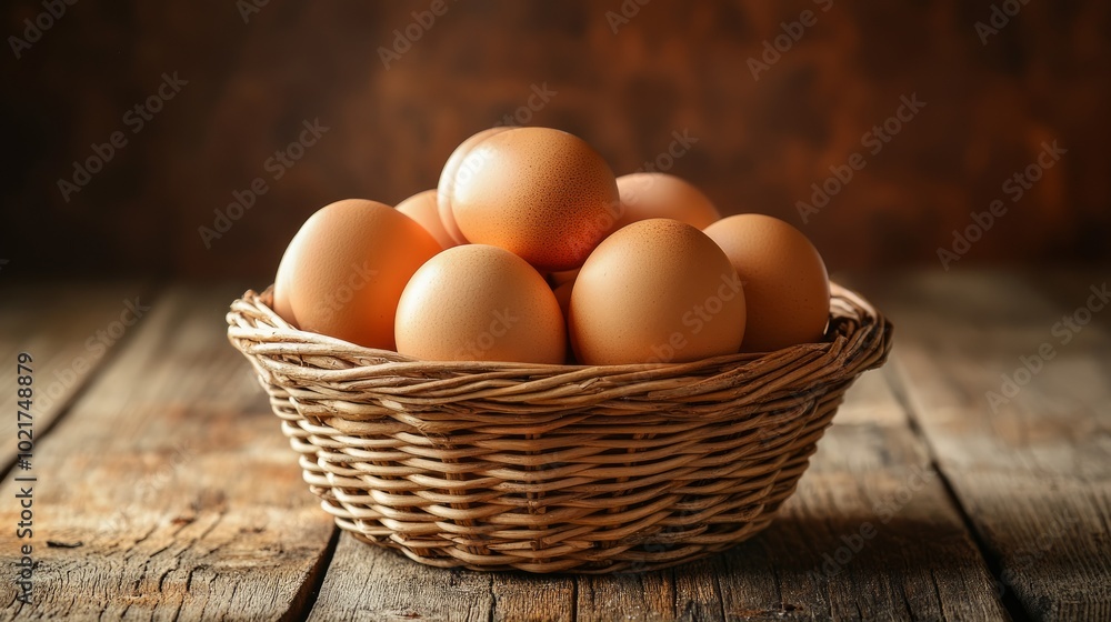 A wicker basket filled with brown eggs on a rustic wooden table. A wicker basket filled with brown eggs on a rustic wooden table.