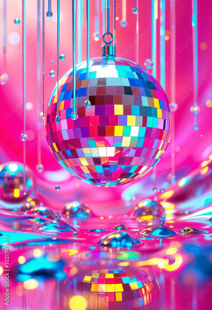 Obraz premium A shiny disco ball with reflective mirror tiles, suspended against a bright neon pink background
